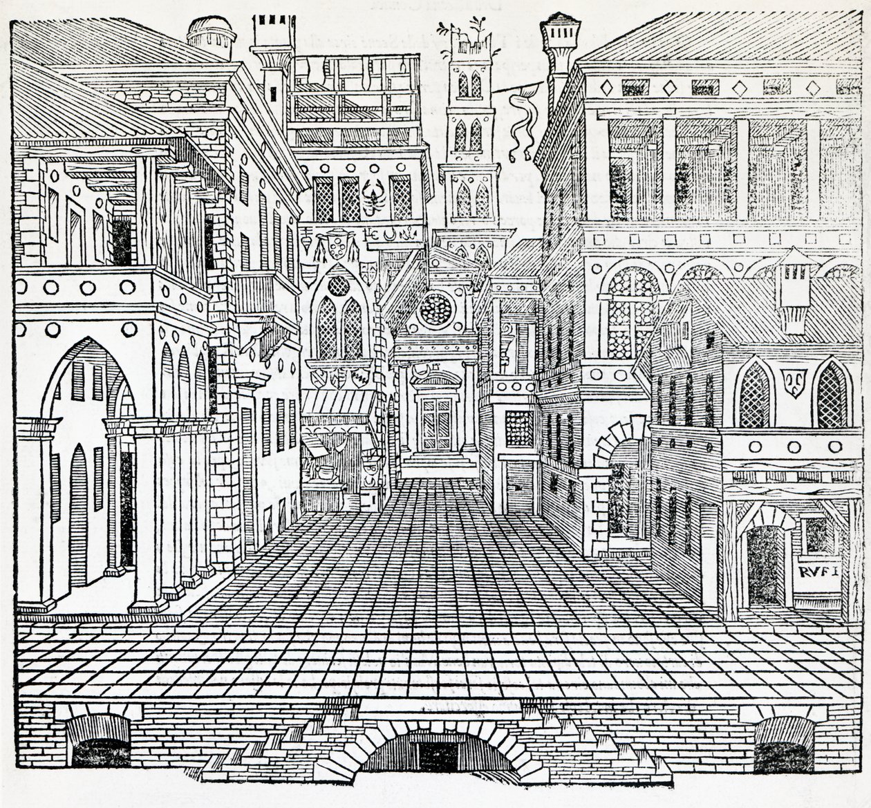 Scena magica, scenografia teatrale di Sebastiano Serlio, illustrazione dal Trattato di Architettura, Libro II da Sebastiano Serlio