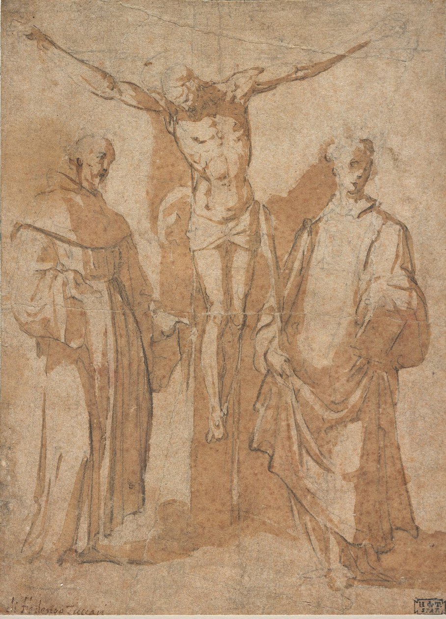 Cristo sulla croce affiancato da due santi da Sebastiano Vini