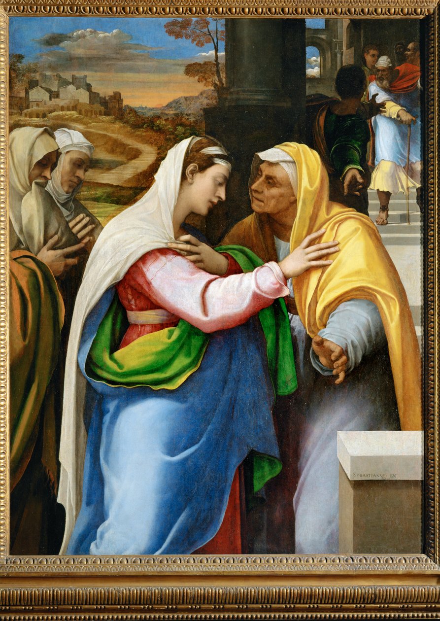 La visitazione, la Vergine Maria visita Santa Elisabetta ... da Sebastiano del (c.1485 1547) Piombo