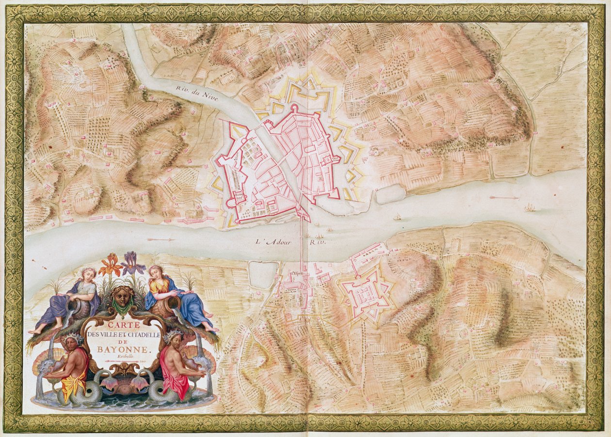 Ms 988 tomo 3 fol.45 Piano e mappa della città e cittadella di Bayonne, dall