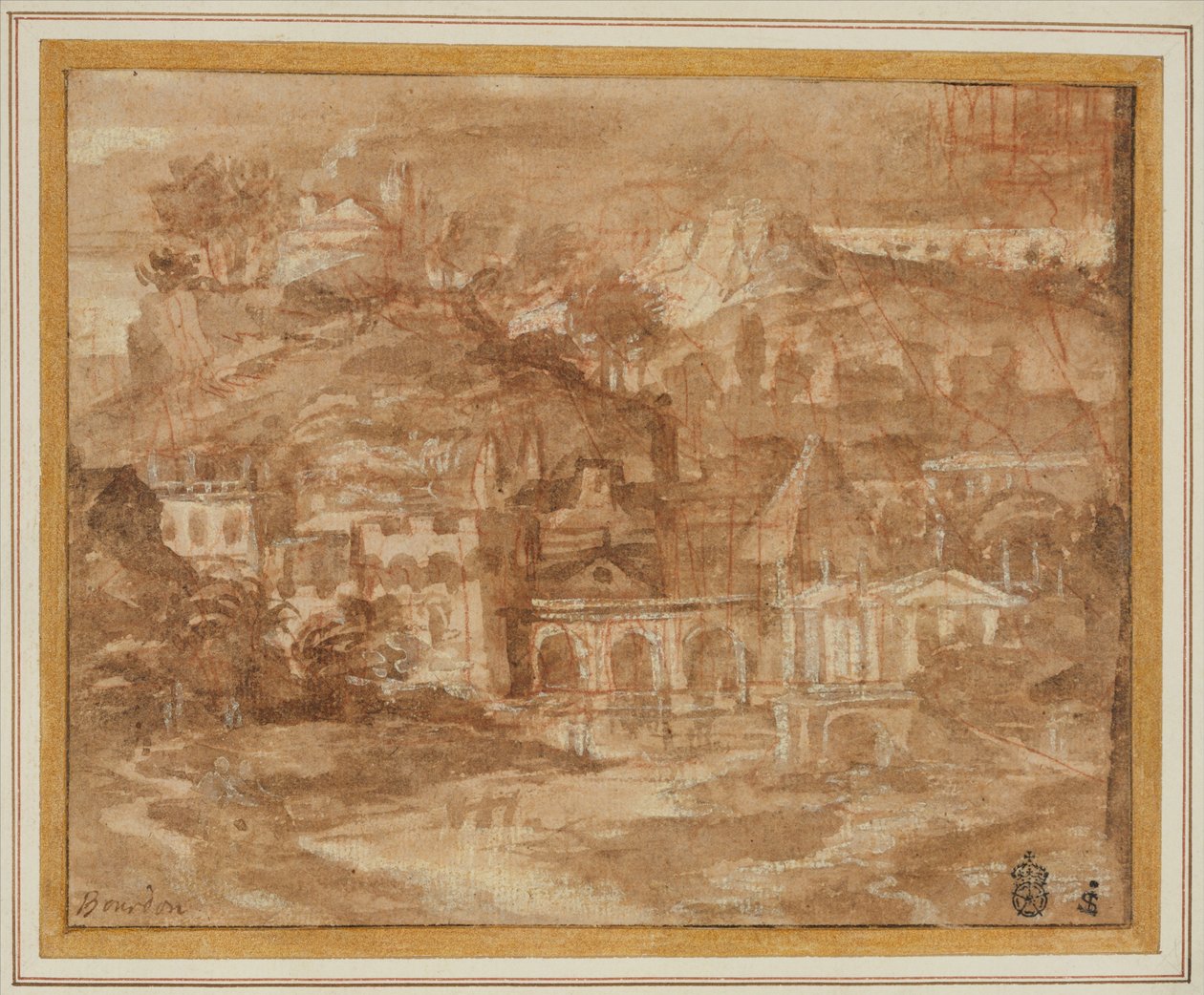 Paesaggio classico con edifici presso un fiume da Sébastien Bourdon