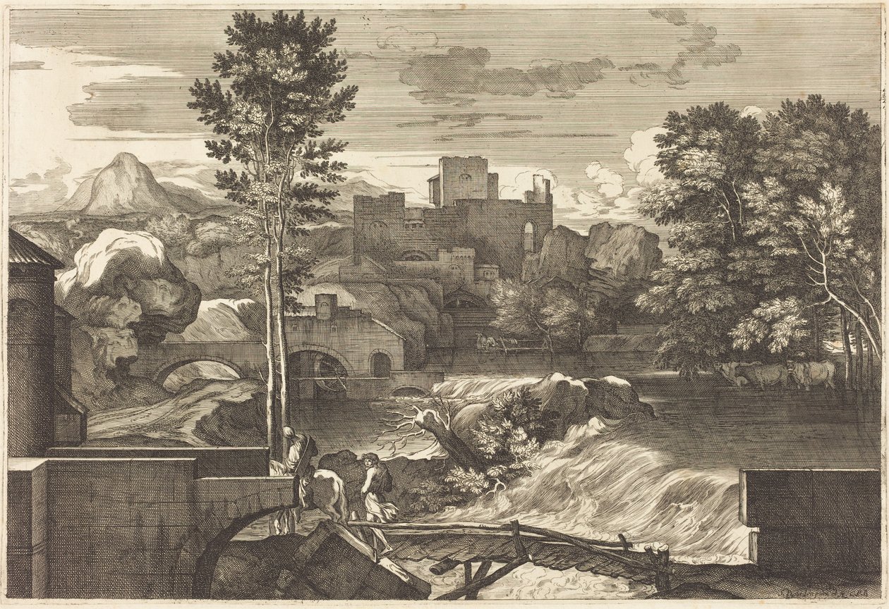 Paesaggio con due figure su un ponte da Sébastien Bourdon