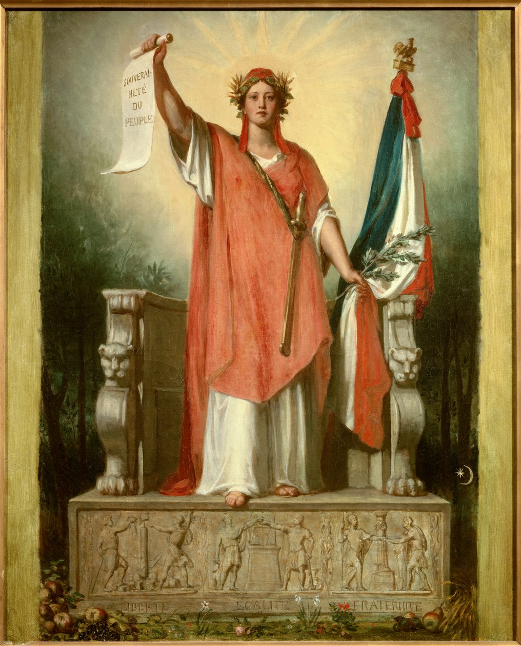 La repubblica. Personificazione della Repubblica (Marianne) che porta un pergamena su cui è scritto “sovranità del popolo” e la bandiera tricolore da Sebastien Melchior Cornu