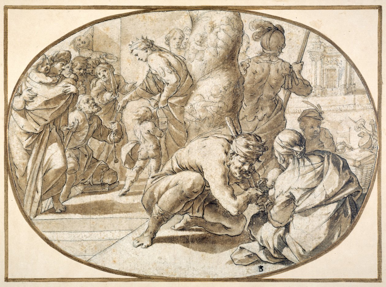 Una regina che distribuisce elemosine a un mendicante storpio nel tempio di Gerusalemme, inizio XVII secolo da Second School of Fontainebleau