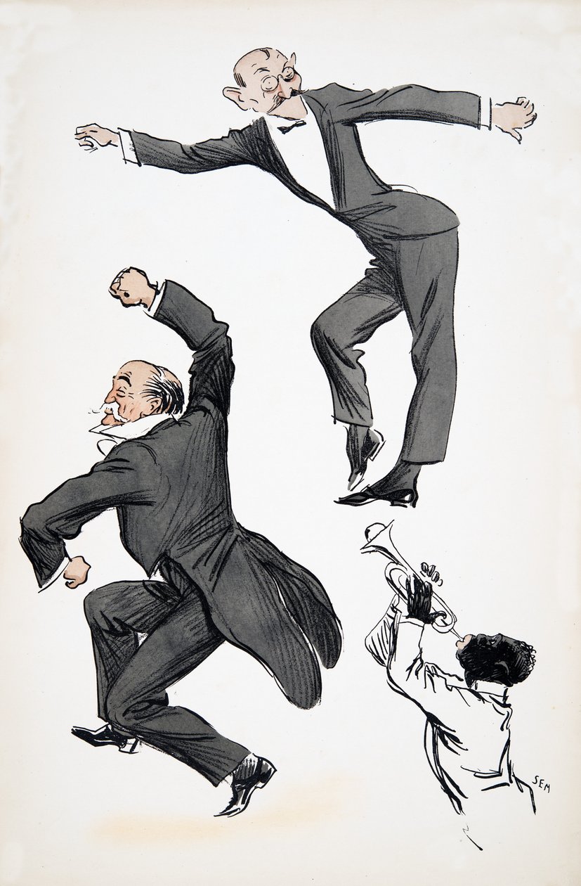 Gentiluomo anziano in frac e gentiluomo più giovane in cravatta nera ballano al suono di un trombettista, da White Bottoms, pub. 1927 da Sem