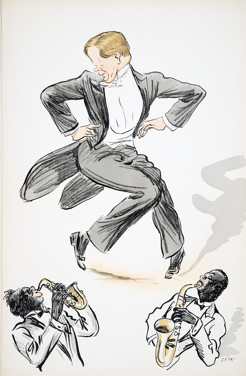 Gentiluomo in frac e cravatta bianca balla al suono di due musicisti che suonano il sassofono, da White Bottoms, pub. 1927 da Sem