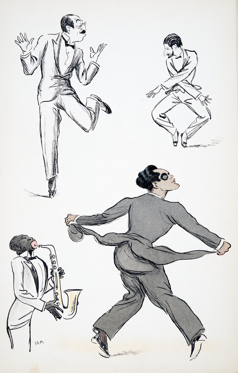 Tre gentiluomini in cravatta nera eseguono mosse del Charleston al suono di un sassofono, da White Bottoms, pub. 1927 da Sem