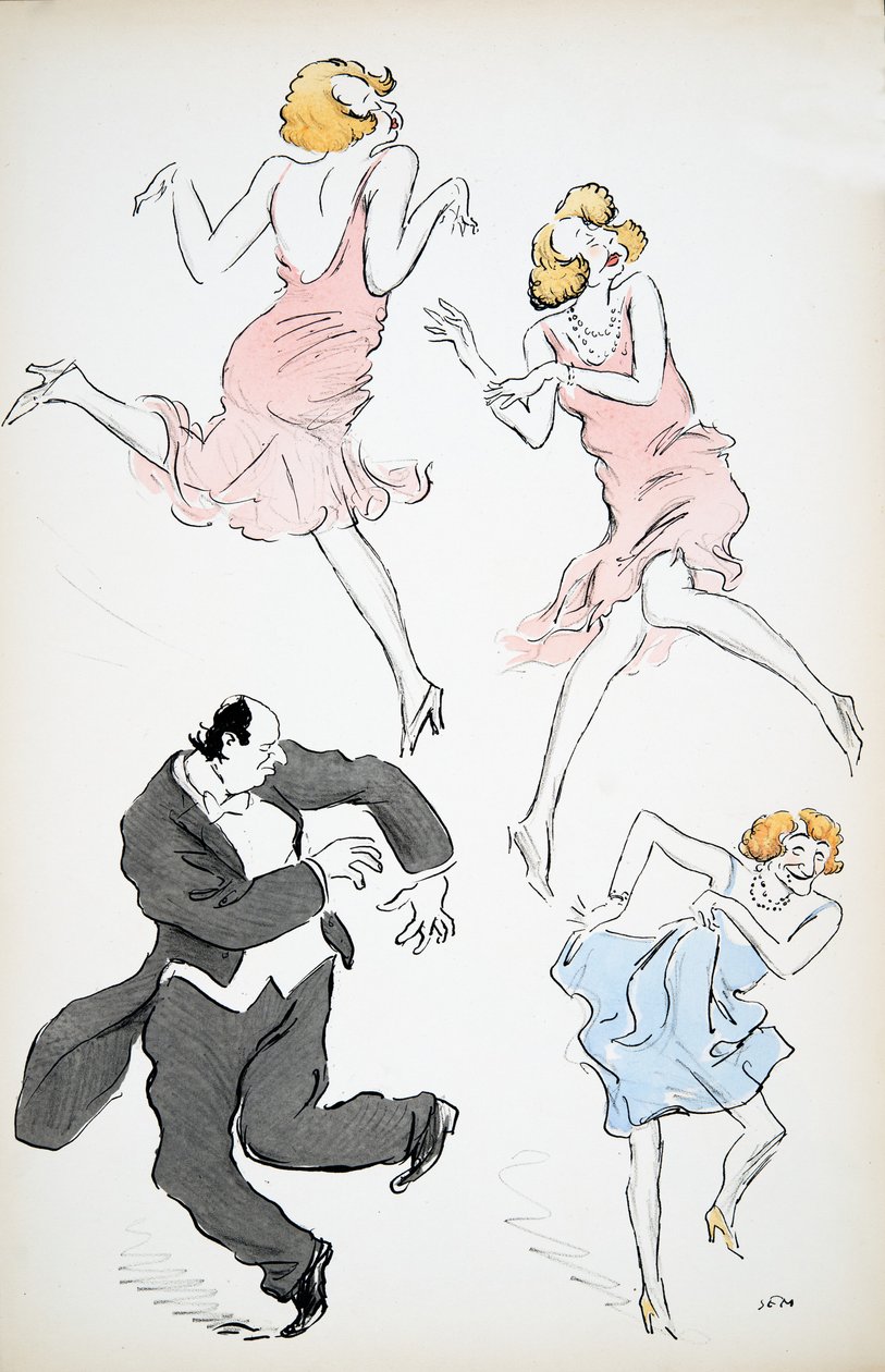 Tre illustrazioni di travestiti in abiti blu e rosa che ballano con un uomo più grande in cravatta bianca e frac, da White Bottoms, pub. 1927 da Sem