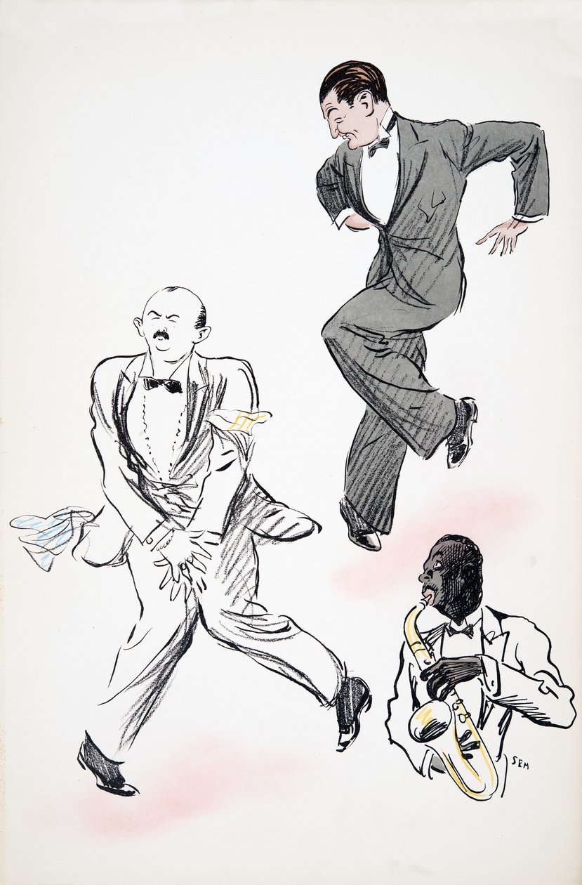 Due gentiluomini in cravatta nera ballano al suono del jazz, suonato da un sassofonista, da White Bottoms, pub. 1927 da Sem