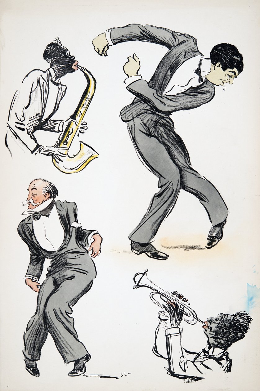 Due uomini in abiti eleganti che ballano mentre due musicisti suonano il sassofono e la tromba, da White Bottoms, pub. 1927 da Sem
