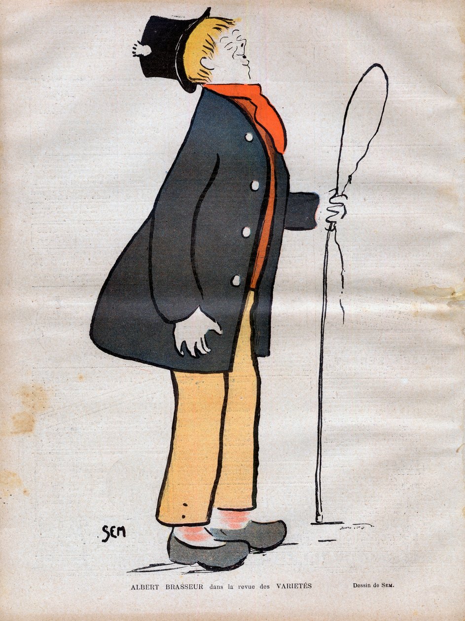 Albert Jules Dumont (1862-1932) detto Albert Brasseur, attore di teatro di boulevard e operetta nel giornale di Varietes - Caricatura di SEM (Georges Goursat) (1863-1934) in "Le rire" del 1902 da Sem