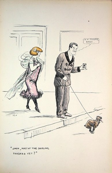 Coppia in attesa che un cane finisca i suoi bisogni, c.1921 da Sem