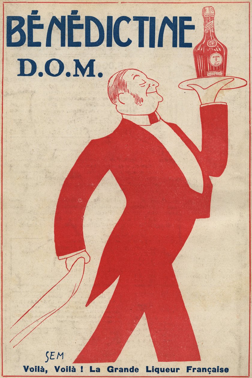 Pubblicità per il digestivo (liquore) "Benedictine" (D.O.M.) Un ragazzo del caffè porta una bottiglia su un vassoio. Disegno di Sem (1873-1932). 1911 da Sem
