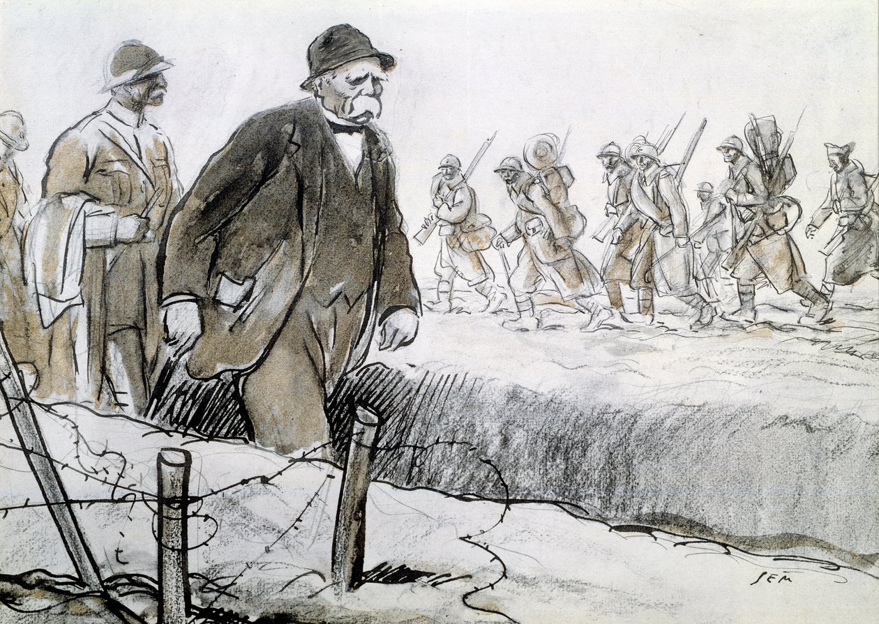 Prima Guerra Mondiale: Ritratto di Clemenceau (1841-1929) in una cassa visitando il fronte da Sem