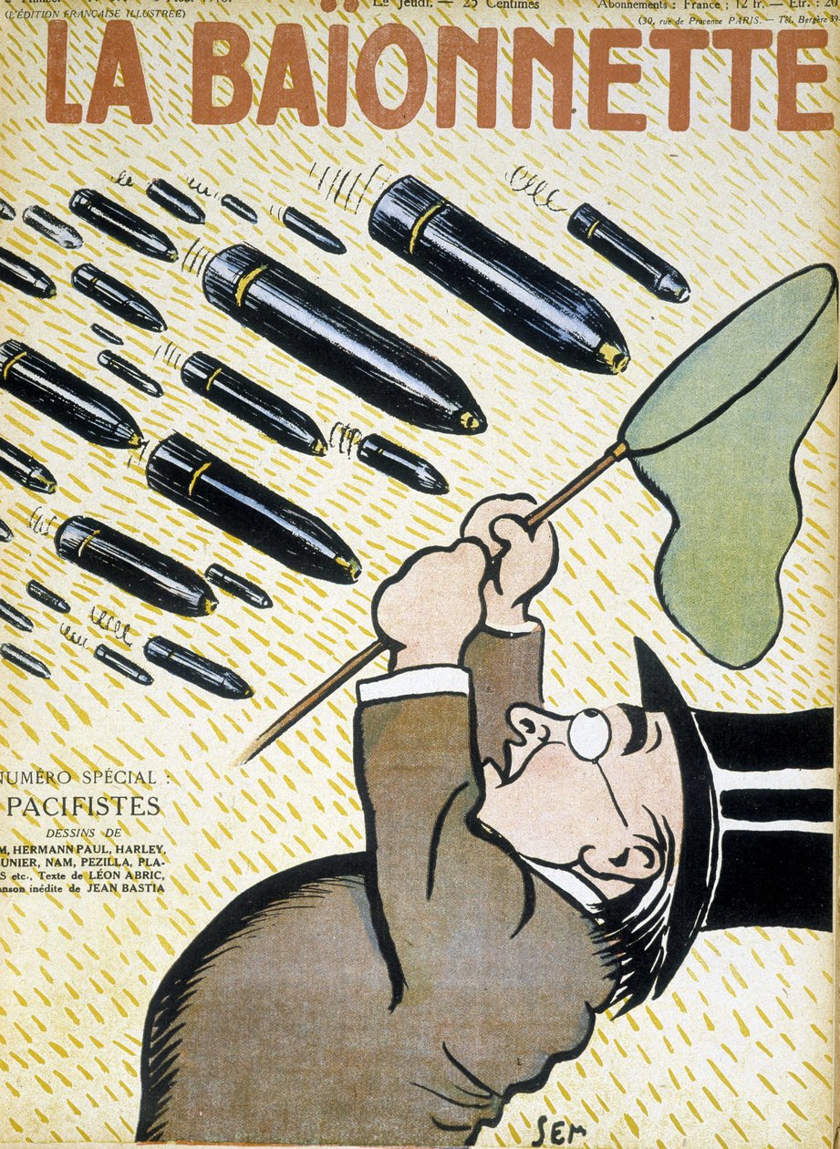Uomo che cerca di catturare conchiglie con un retino per farfalle - di Sem (1863 - 1934), in "La Bayonet: les pacifistes" del 03/08/1916 da Sem