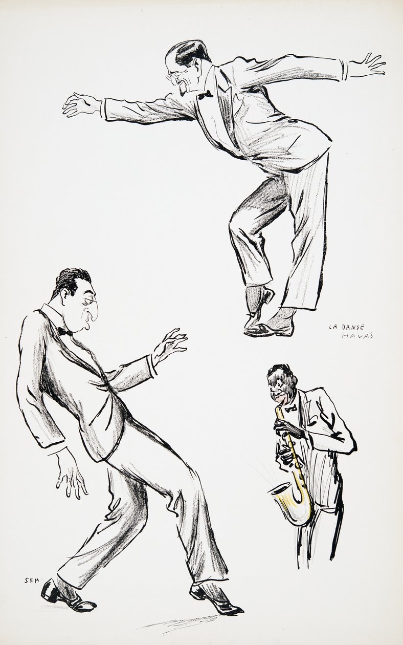 Due gentiluomini in cravatta nera eseguono La Danse Havas al suono di un sassofono, da White Bottoms, pub. 1927 da Sem