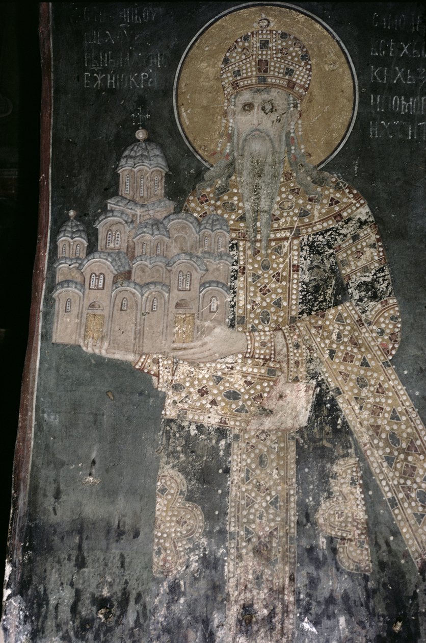 Re Stefano Uroš II Milutin con un modello della chiesa, 1311-21 da Serbian School