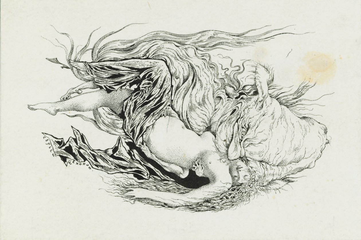 Chernomor e Lyudmila. Illustrazione del poema Ruslan e Lyudmila di A. Pushkin, 1921-1926 da Sergei Vasilevich Chekhonin
