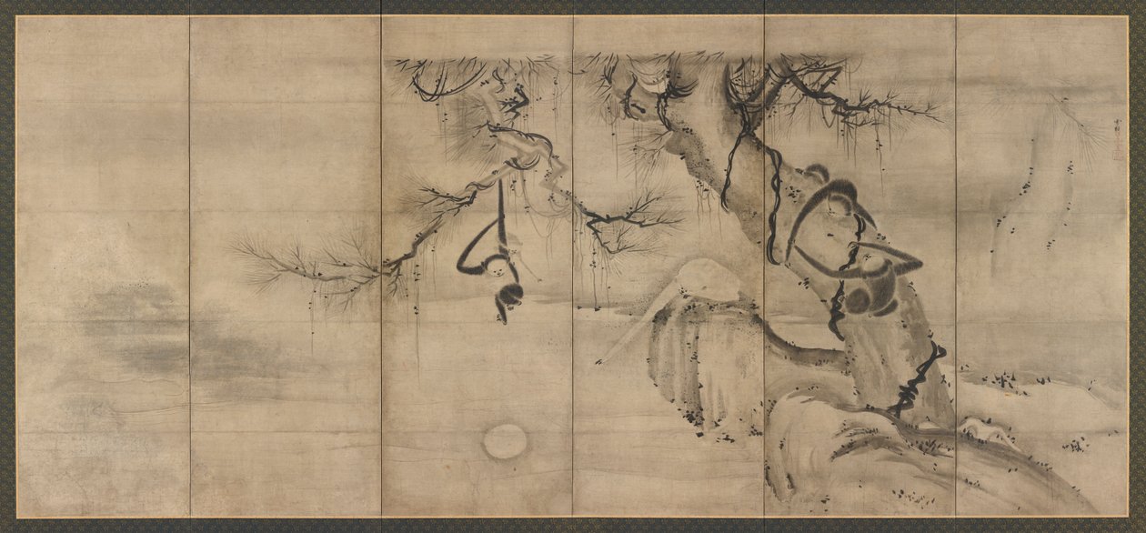 Scimmie e alberi su una riva del fiume, periodo Momoyama da Sesson Shukei