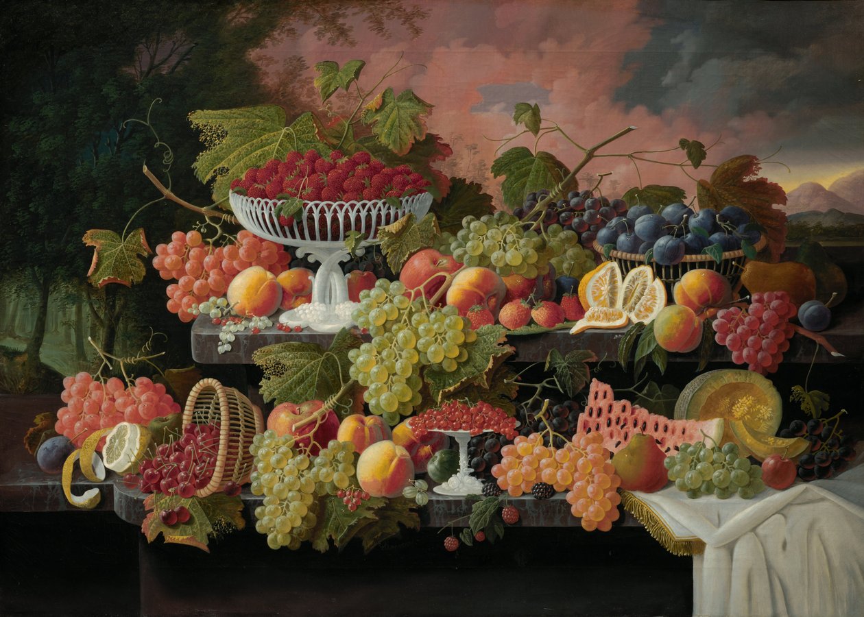 Natura morta a due livelli con frutta e paesaggio al tramonto da Severin Roesen