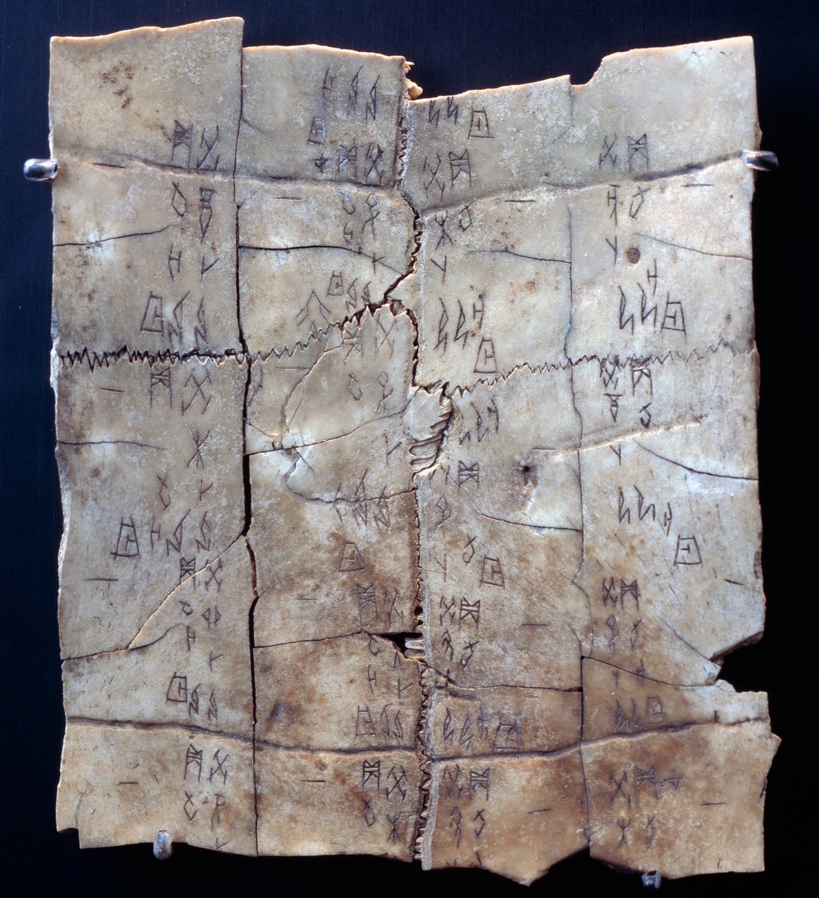 Pittogramma su piastrone di tartaruga con testo di divinazione (piastrone di tartaruga) da Shang Dynasty Chinese School