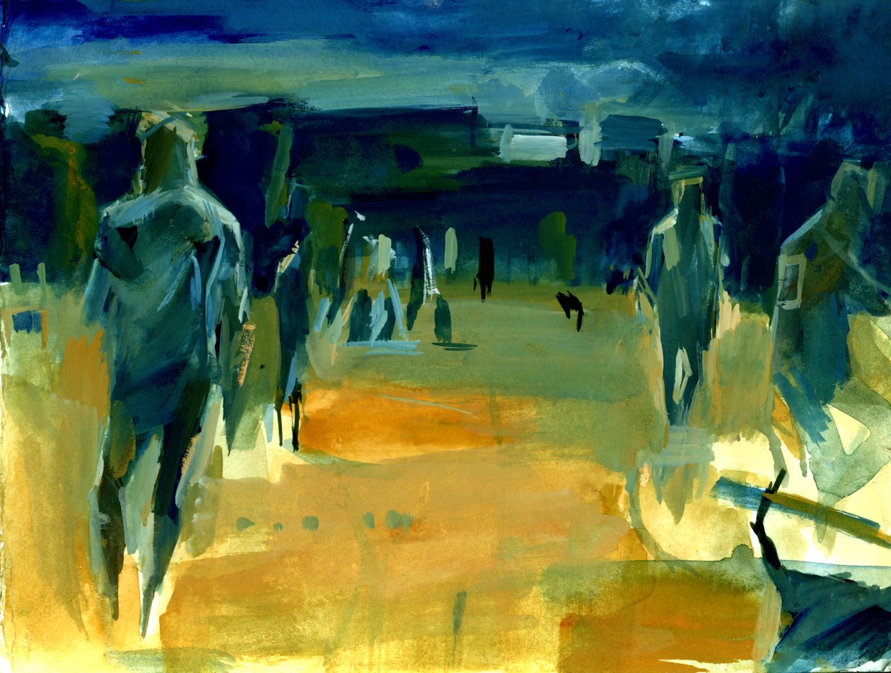 Figure nel parco, 2024 (acrilico e collage) da Shaun Carey