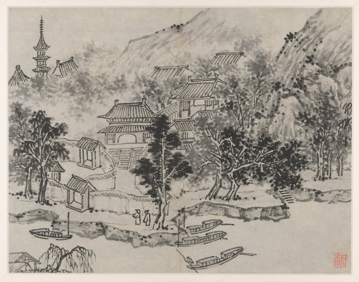 Dodici vedute della Collina della Tigre, Suzhou: Vista distante della Collina della Tigre dal molo del canale da Shen Zhou