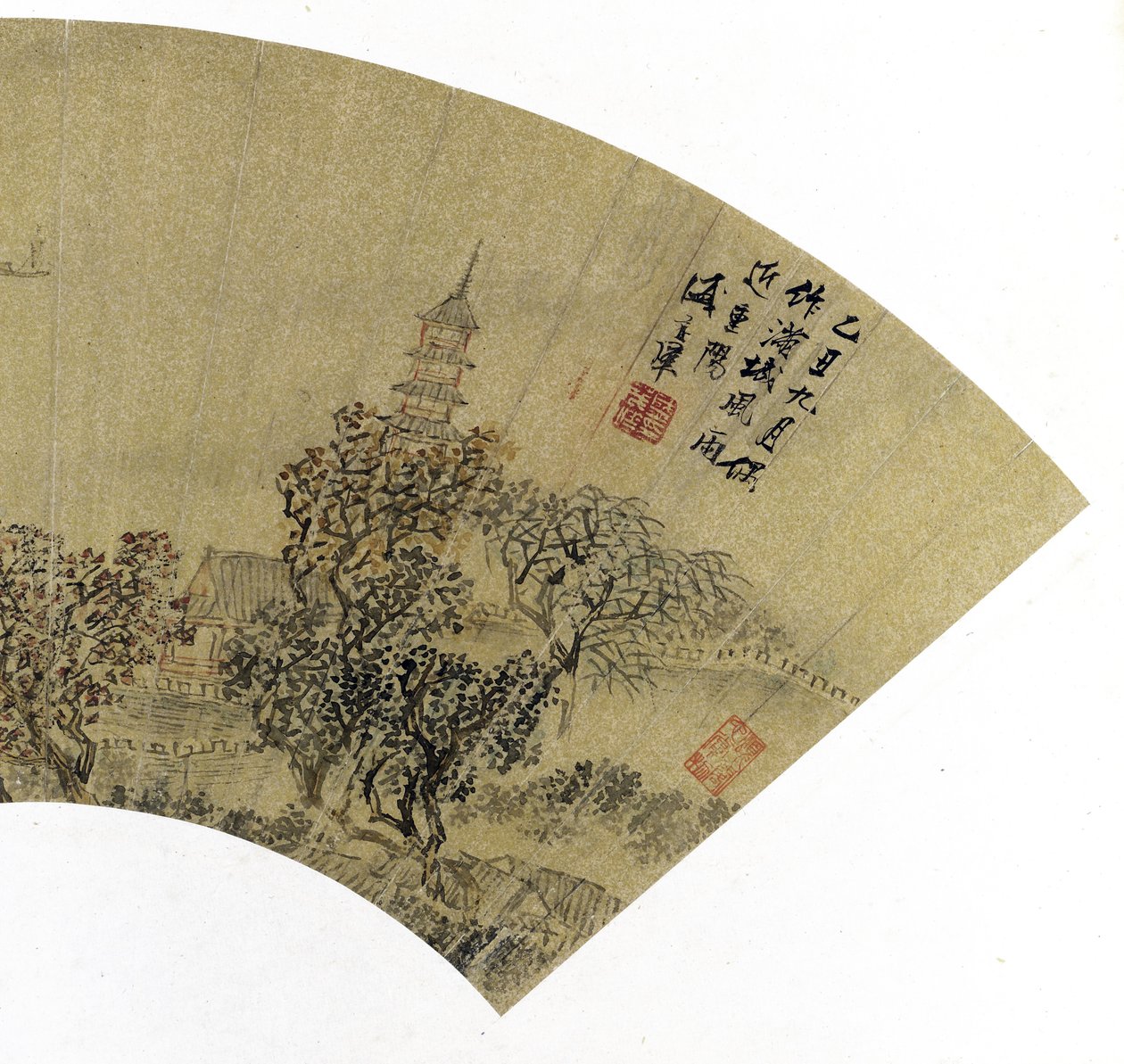 (dettaglio) Paesaggio con pagoda, case e barche da Sheng Maoye