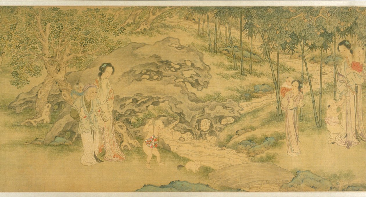 Donne e bambini in un giardino da Shi Wang