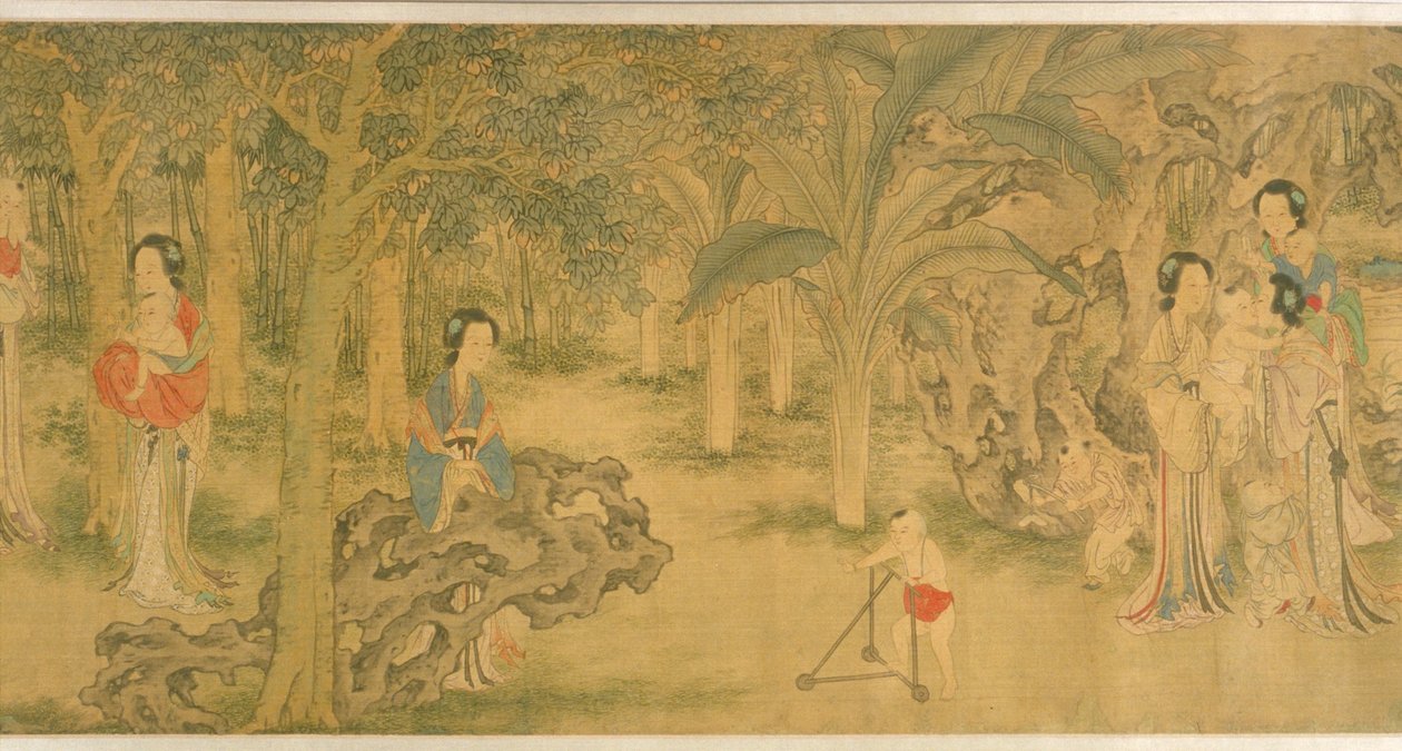 Donne e bambini in un giardino da Shi Wang