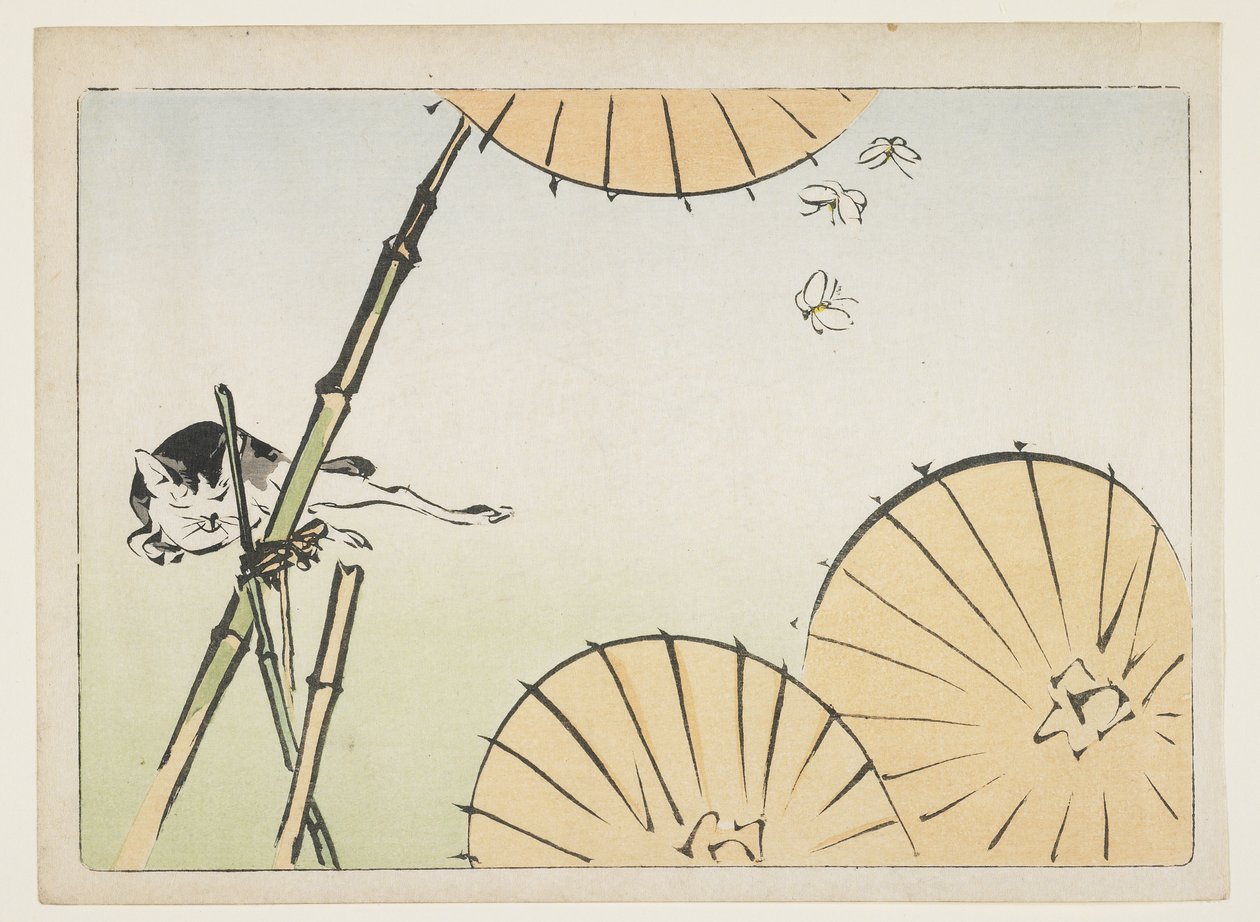 (Bambù, ombrelli, un gatto e farfalle), c. 1877 da Shibata Zeshin