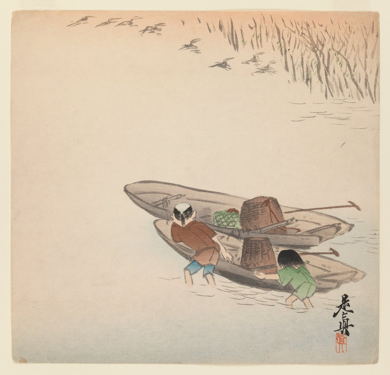 Pescatore con ragazzo e barche dalla serie Hana Kurabe, c.1880 da Shibata Zeshin