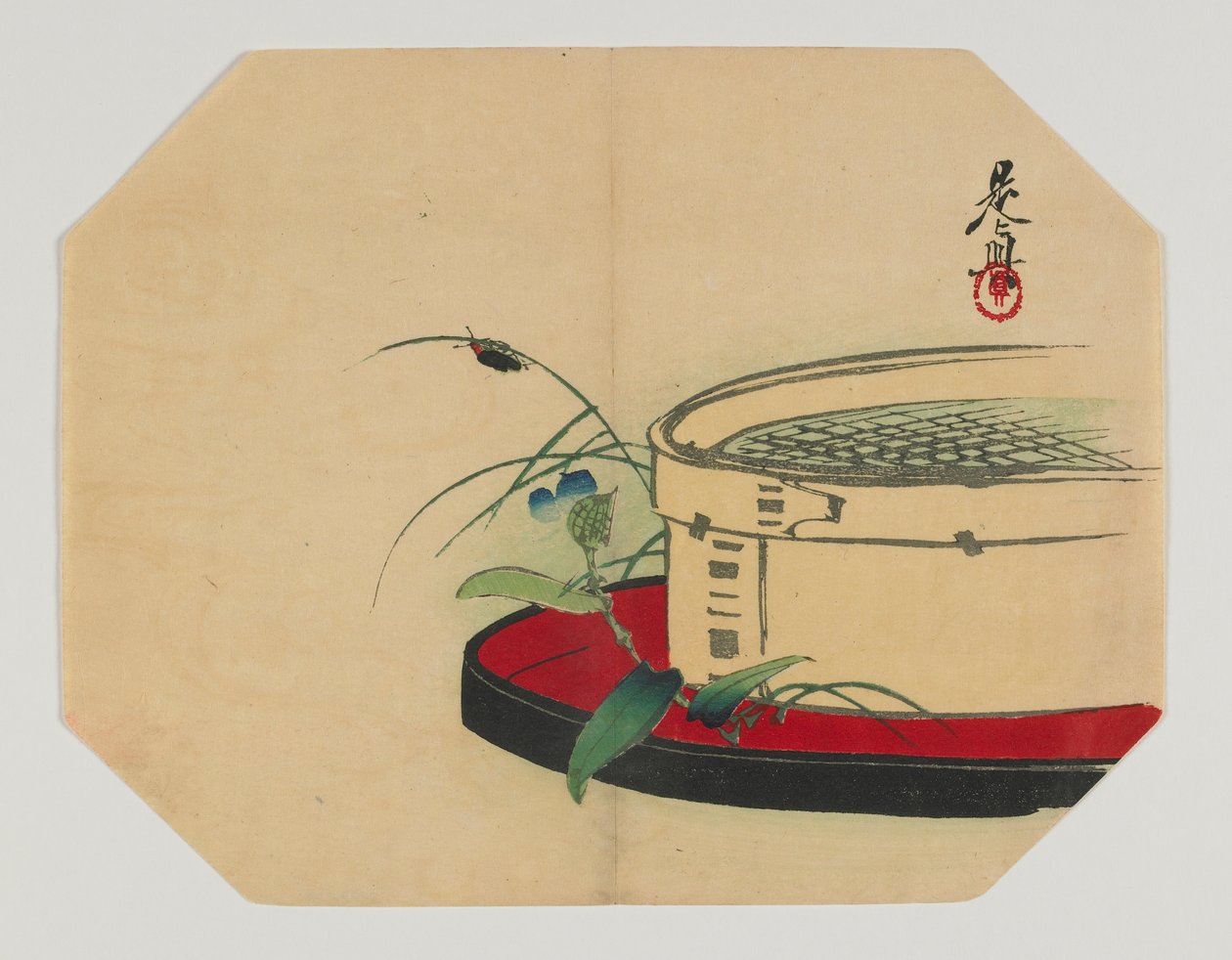 Stampa per un uchiwa; lucciola su pianta fiorita, con setaccio di bambù, era Meiji, fine XIX secolo da Shibata Zeshin