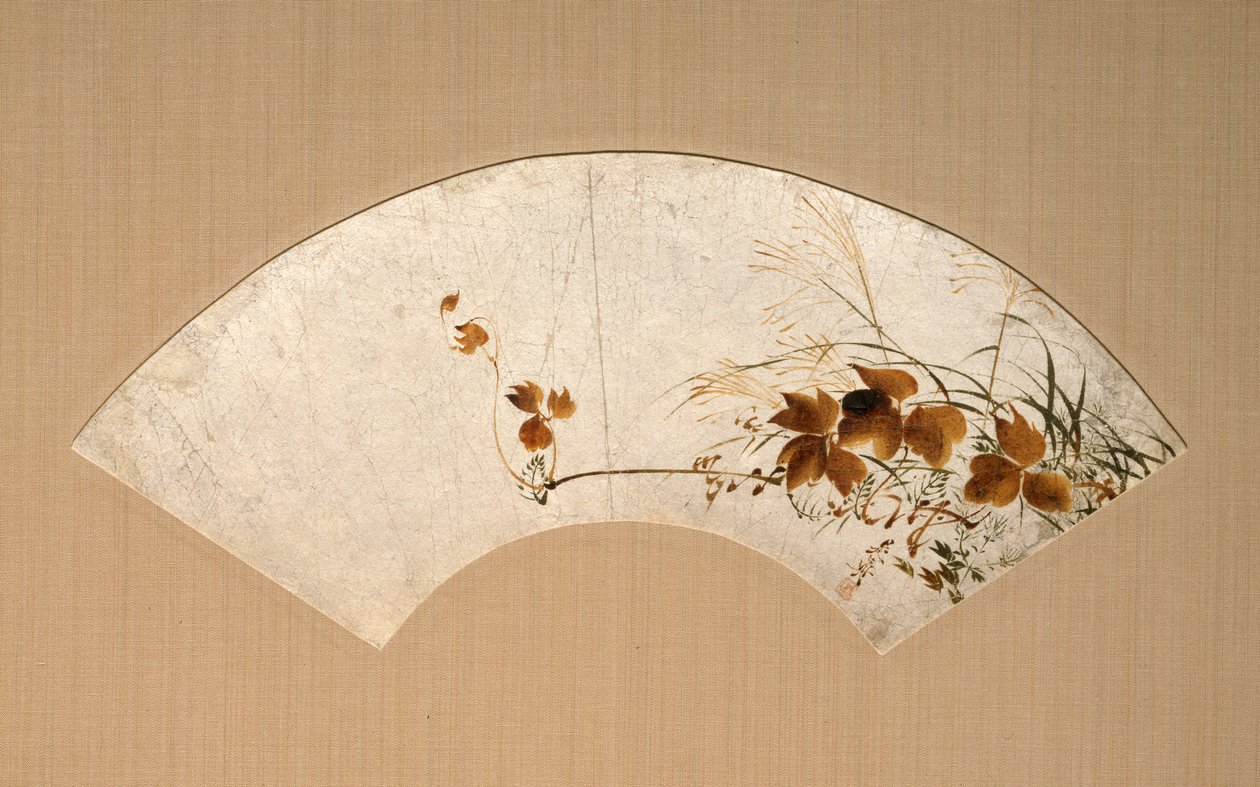 Foglie e graminacee autunnali (dipinto di erbe autunnali, pittura a lacca su foglio di ventaglio) da Shibata Zeshin