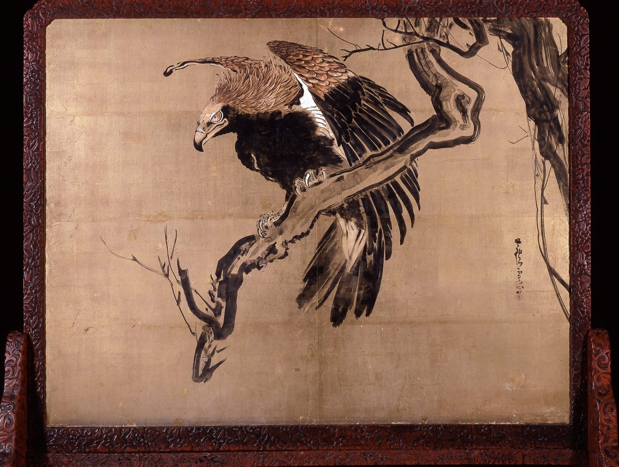 Carpa tra le onde (Zeshin) e aquila su un ramo (verso di Rosetsu) da Shibata Zeshin