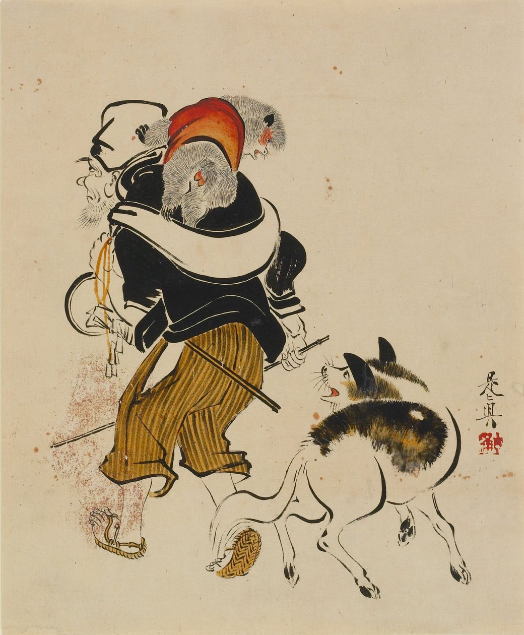 Cane che abbaia a un ammaestratore di scimmie da Shibata Zeshin