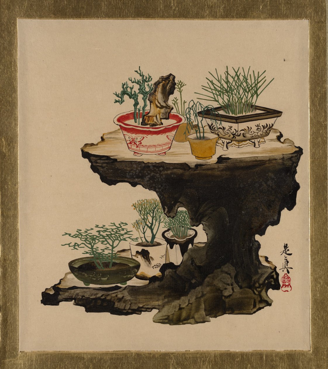 Dipinti a lacca di vari soggetti: bonsai da Shibata Zeshin