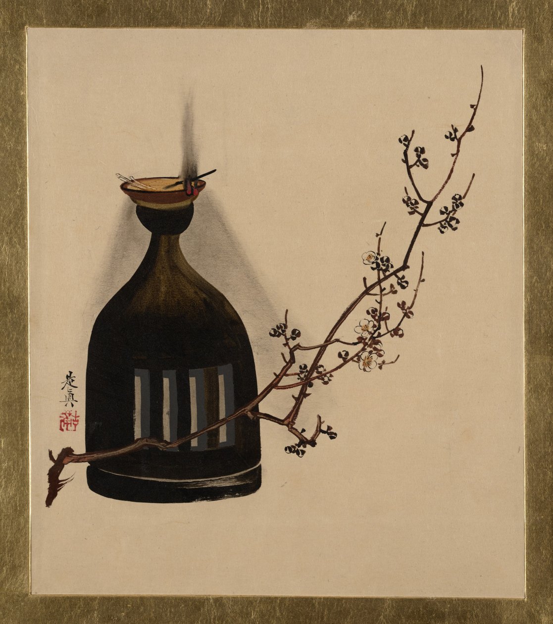 Dipinti laccati di vari soggetti: ramo di susino con lampada a olio da Shibata Zeshin