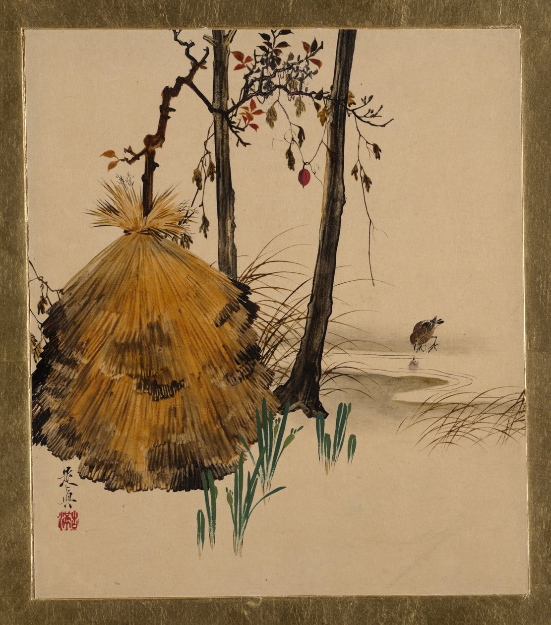 Dipinti in lacca di vari soggetti: riparo dalla neve per un albero con passero da Shibata Zeshin