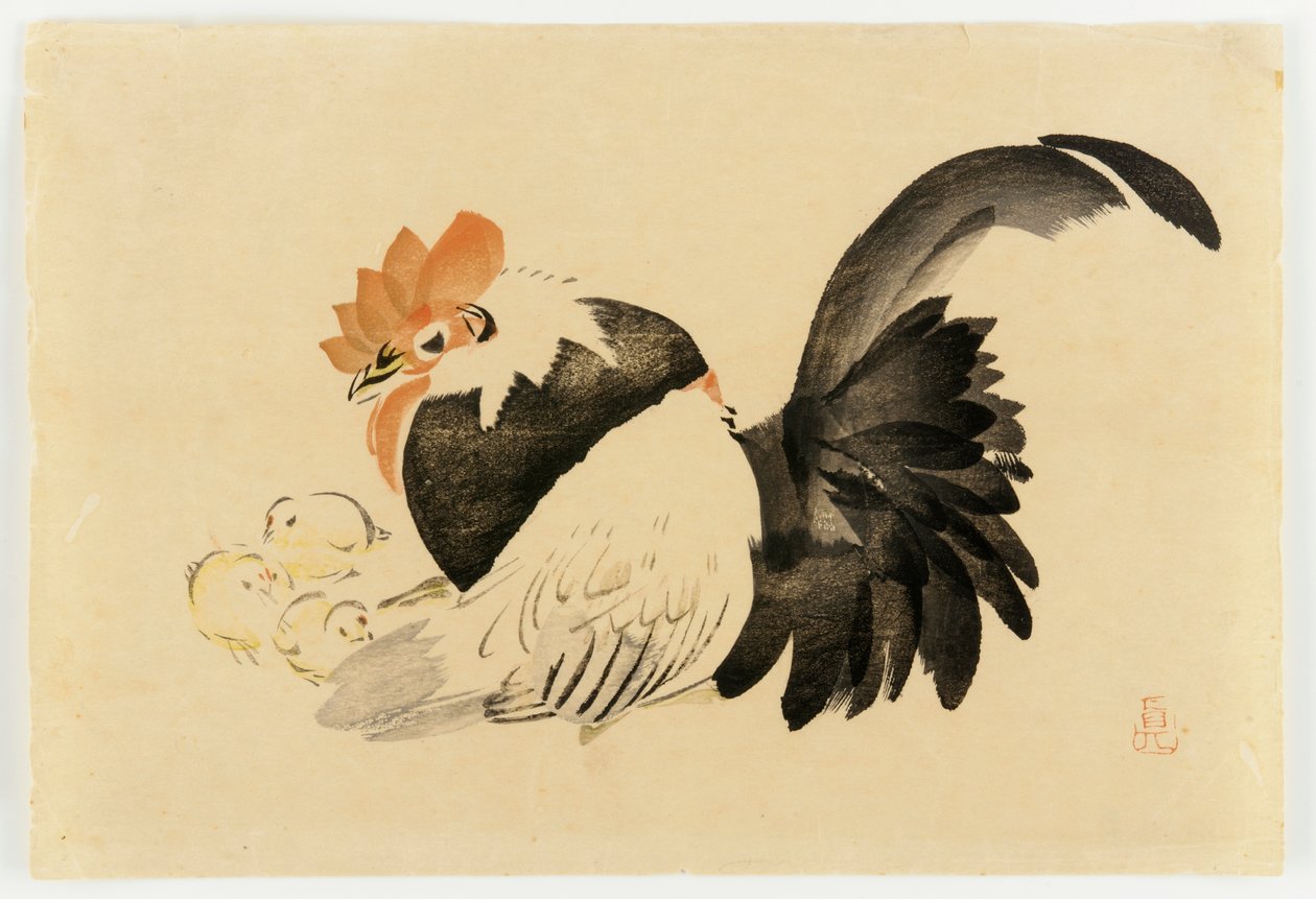 Gallo, gallina e pulcini, era Meiji, 1870-79 da Shibata Zeshin