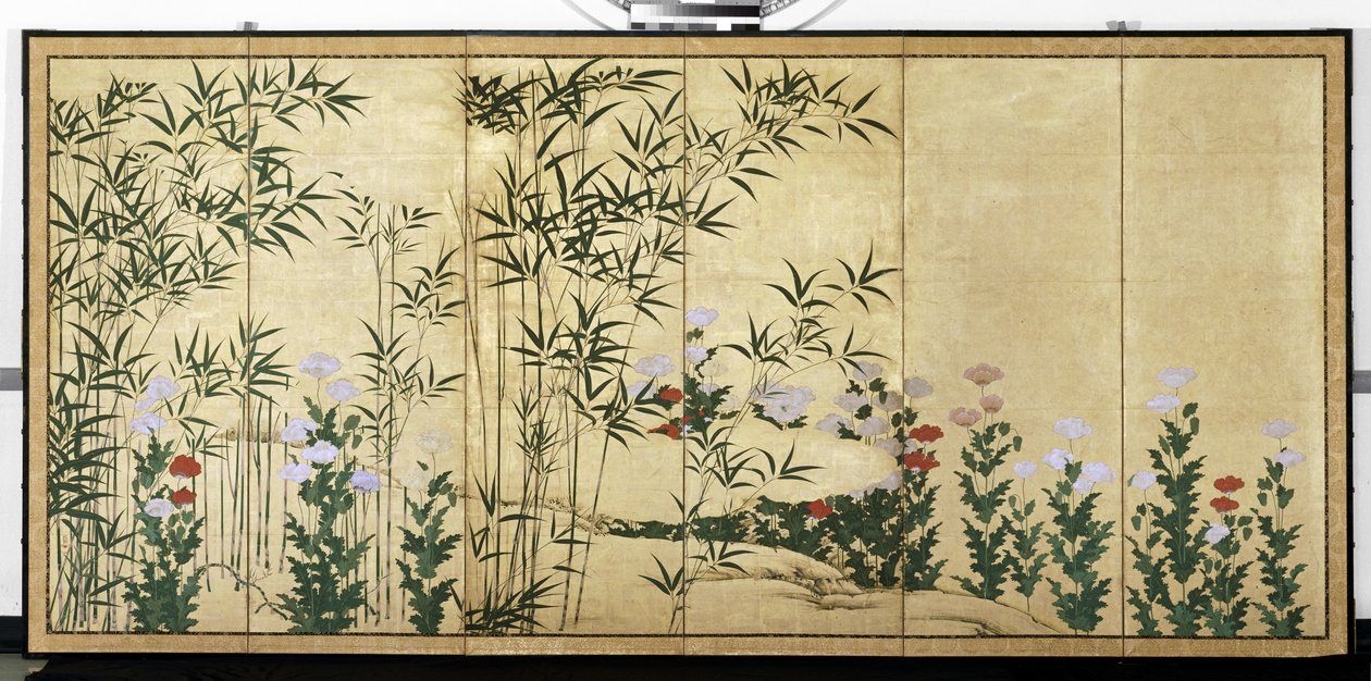 Bambù e papaveri, inizio del XVII secolo (coppia di paraventi a sei pannelli; inchiostro, colore e oro
su carta) da Shigenobu Kano