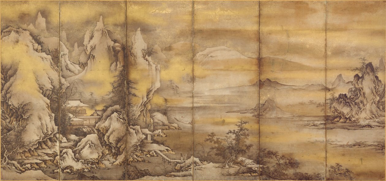 Giapponese: 『式部輝忠筆 四季山水図屏風 室町時代 』 Paesaggio delle quattro stagioni, uno dei due (Asian Art Museum B60D49+) da Shikibu Terutada