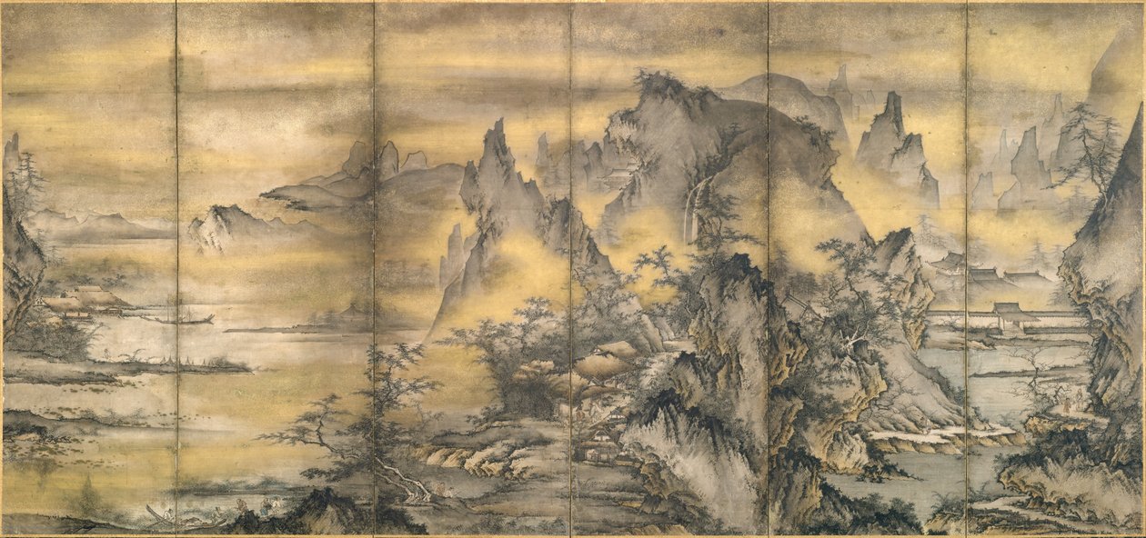 Giapponese: 『式部輝忠筆 四季山水図屏風 室町時代 』 Paesaggio delle quattro stagioni, uno di una coppia da Shikibu Terutada