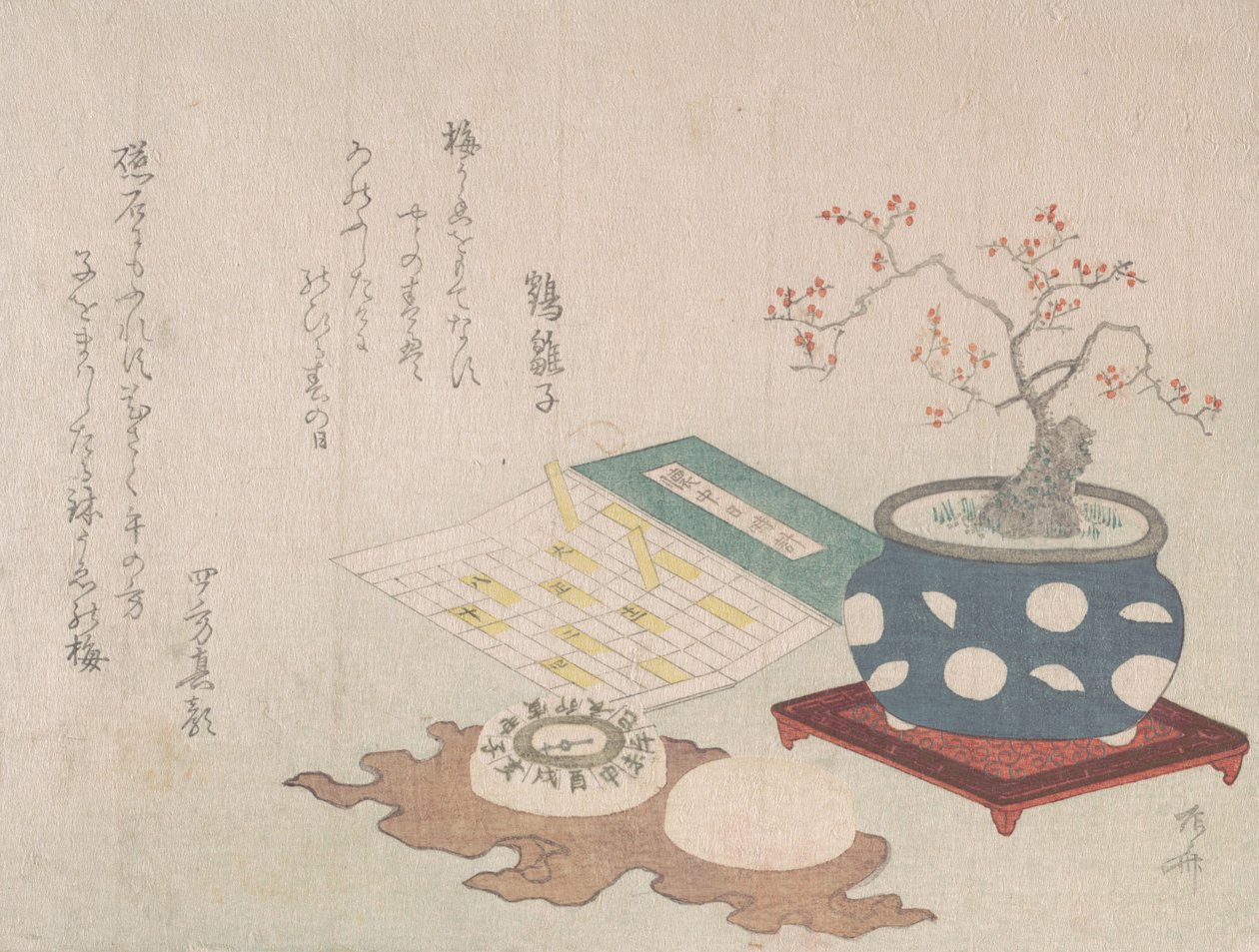 Bonsai di prugna, bussola e meridiana tascabile con disegno del calendario, da Spring Rain Surimon da Shinsai