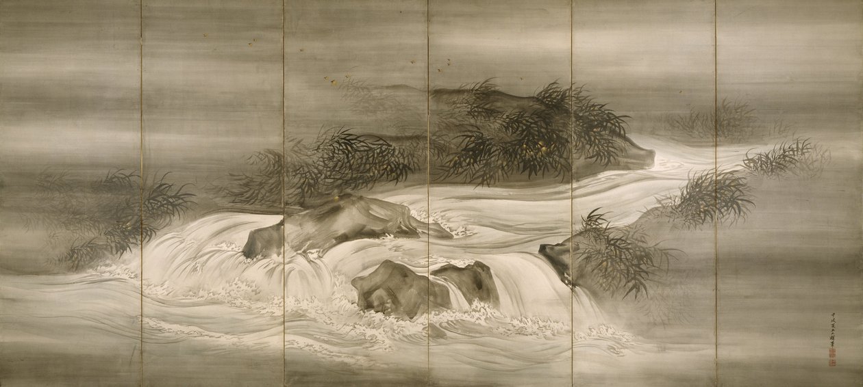 Paesaggio fluviale con lucciole da Shiokawa Bunrin