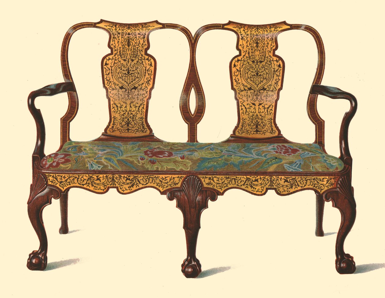 Divano in noce intarsiato con marqueterie, 1905 da Shirley Charles Llewellyn Slocombe