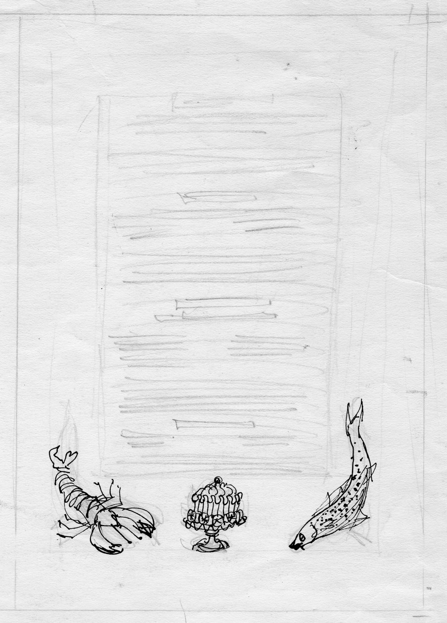 Aragosta, pesce e torta, design del menu, c. 1950 da Shirley Markham
