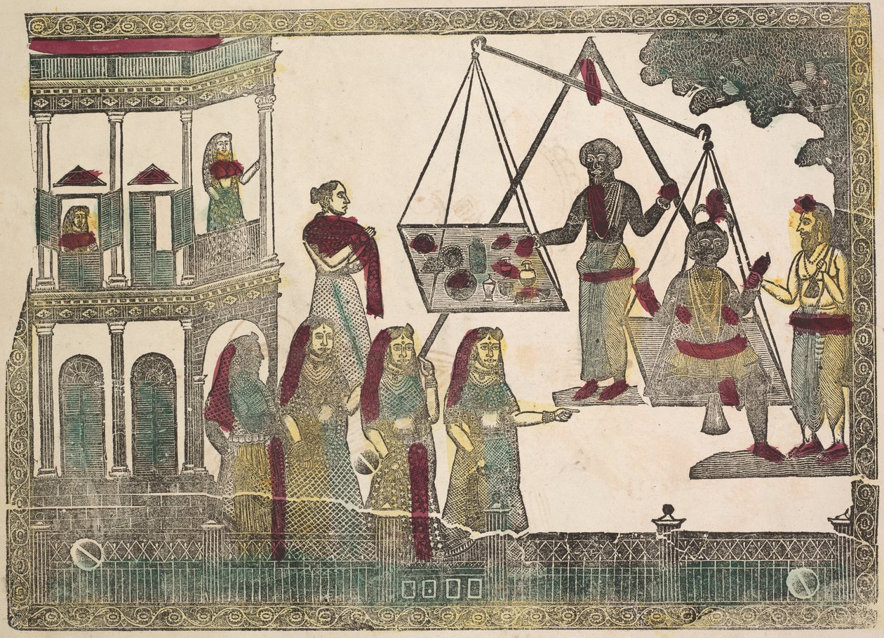 Krishna pesato contro oggetti preziosi, 1800s da Shri Gobinda Chandra Roy