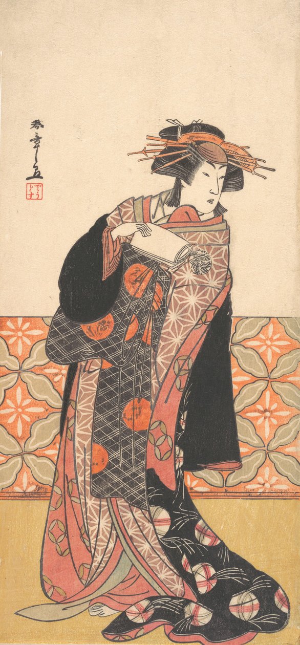 Nakamura Riko come cortigiana riccamente vestita in piedi in una stanza, ca. 1778 da Shunsho