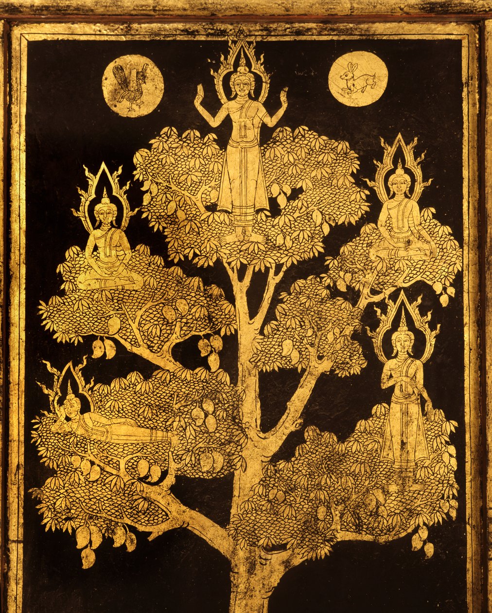 Pannello posteriore di un armadio per manoscritti con scene buddiste, probabilmente tardo periodo Ayutthaya da Siamese School